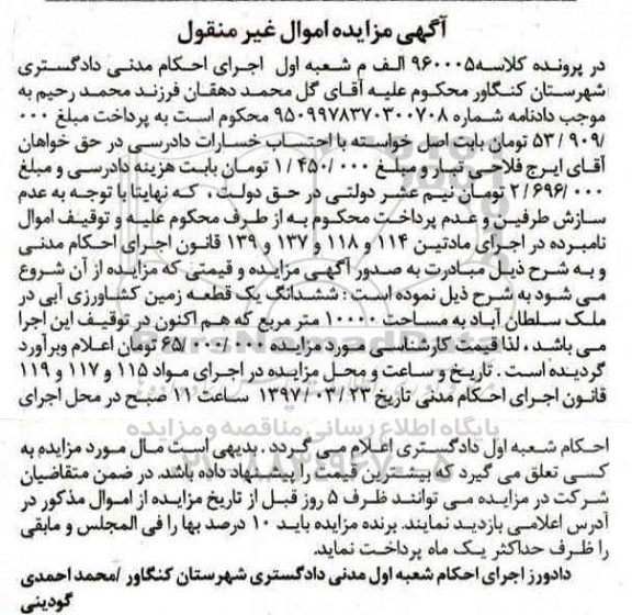 مزایده,مزایده ششدانگ زمین کشاورزی آبی مساحت 10000متر