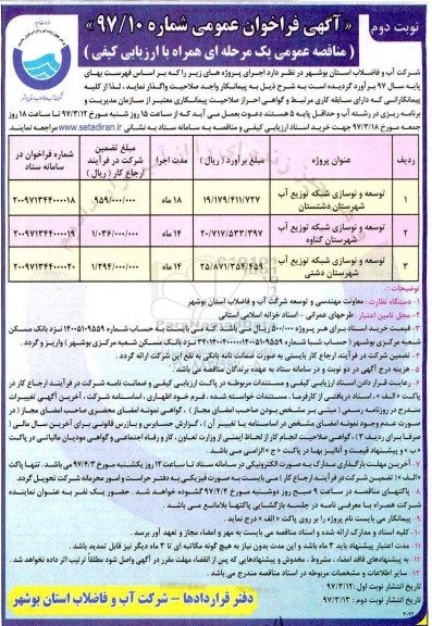 فراخوان عمومی, فراخوان عمومی توسعه و نوسازی شبکه توزیع آب - نوبت دوم 