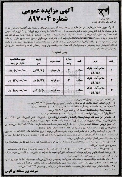 مزایده,مزایده فروش 3 دستگاه آپارتمان سازمانی