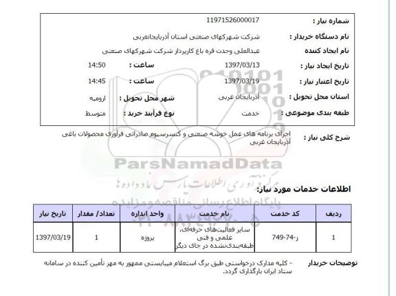 استعلام, استعلام اجرای برنامه های عمل خوشه صنعتی و...