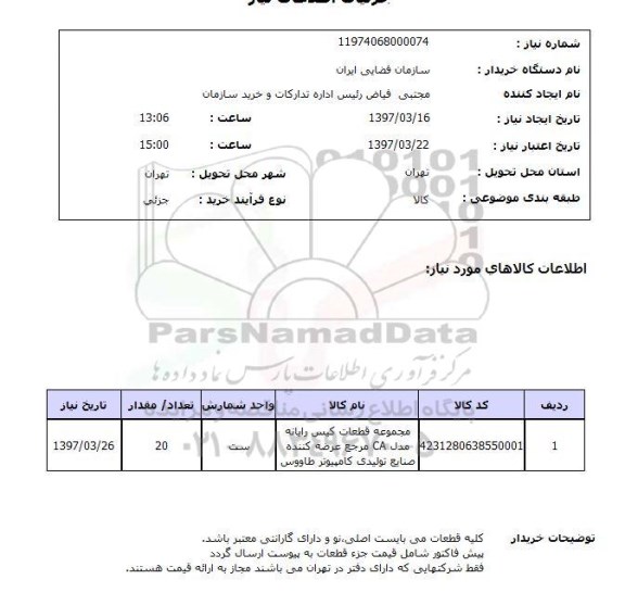 استعلام, استعلام مجموعه قطعات کیس رایانه مدل CA
