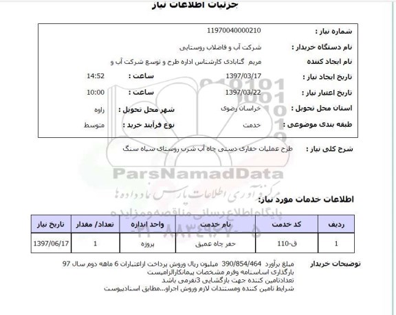 استعلام, استعلام طرح عملیات حفاری دستی چاه ...