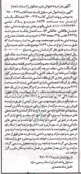 مزایده,مزایده ششدانگ آپارتمان مساحت 88.46متر