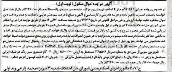 مزایده, مزایده یخچال  ایستاده تمام استیل، فریزر صندوقی سفید، تلویزیون سونی ال سی دی و...