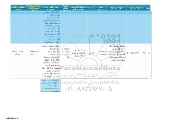 مناقصه عمومی,  تجدید مناقصه بهره برداری و نگهداری از تاسیسات آبرسانی