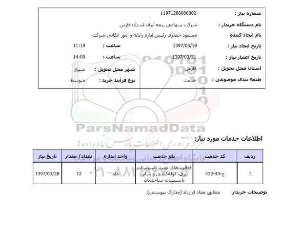 استعلام, فعالیت های نصب تاسیسات برق، لوله کشی