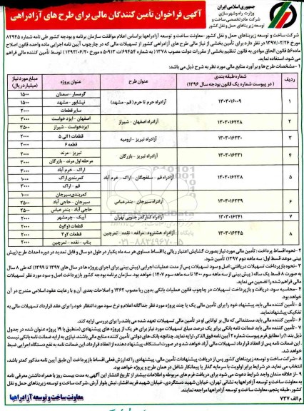 اگهی فراخوان , فراخوان  تامین بخشی از نیاز مالی طرح های آزاد راهی کشور