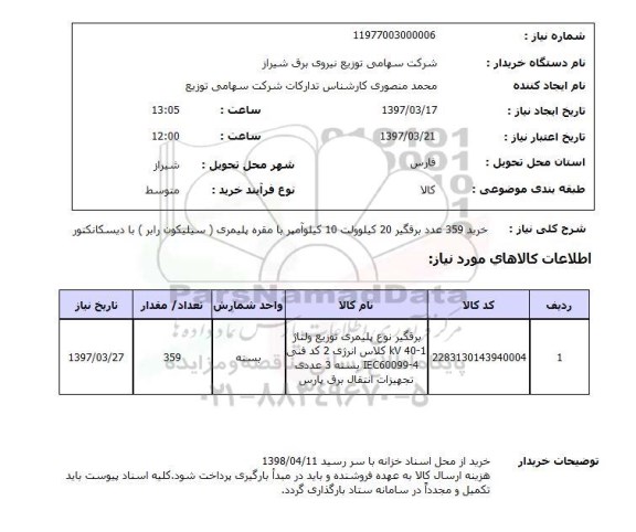 استعلام, خرید 359 عدد برقگیر 20 کیلوولت 10 کیلو آمپر با مقره پیلمری با دیسکانکتور