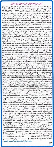 مزایده,مزایده 4 دانگ مشاع از پلاک ثبتی 31998 فرعی از یک اصلی