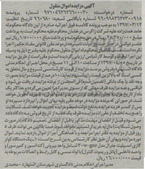 مزایده یک دستگاه کولر گازی اسپلیت