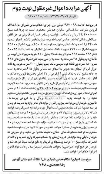 مزایده،مزایده 250 سهم مشاع از 35800 سهم مشاع از 179000 سهم ششدانگ قطعه اول تفکیکی