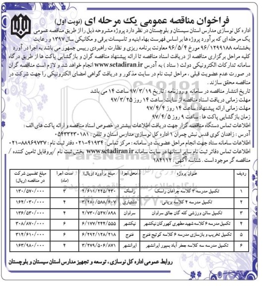مناقصه عمومی , مناقصه تکمیل مدرسه 3 کلاسه 