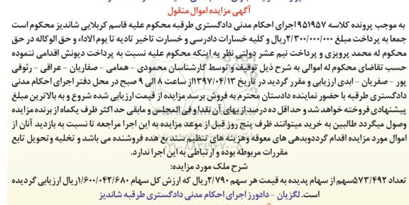 مزایده, مزایده تعداد 573/492 سهم از سهام