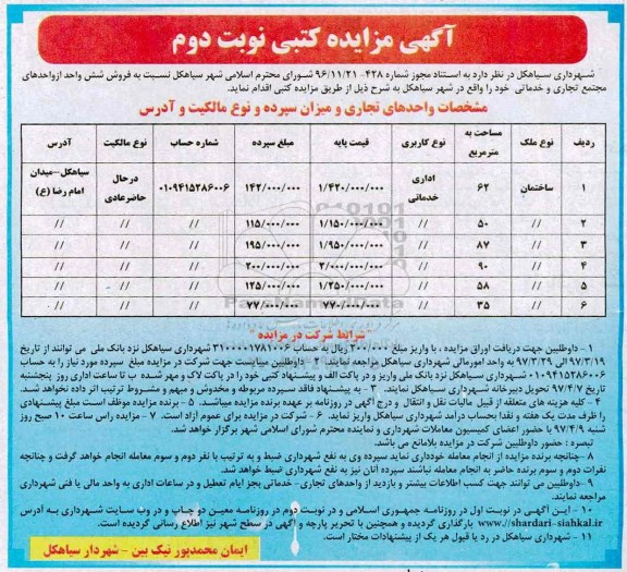 مزایده فروش شش واحد از واحدهای مجتمع تجاری و خدماتی نوبت دوم 