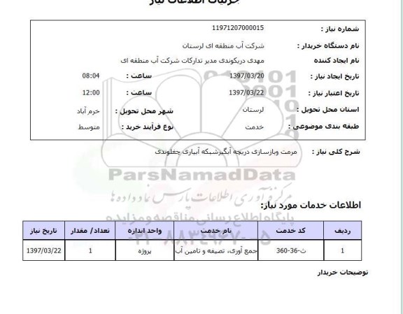 استعلام, استعلام مرمت و بازسازی دریچه آبگیر 