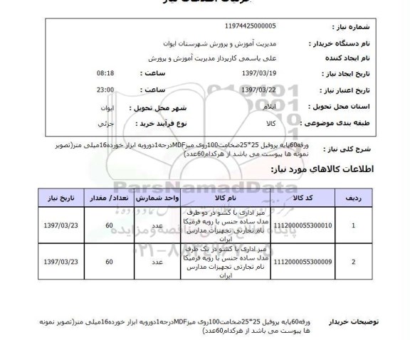 استعلام, ورقه 60 پایه پروفیل 25*25 ...