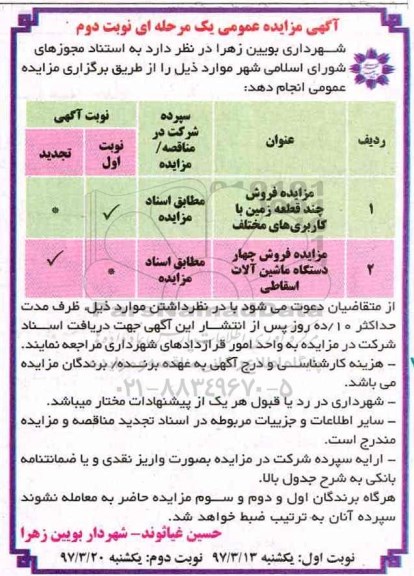 مزایده عمومی, مزایده عمومی فروش چند قطعه زمین با کاربریهای مختلف نوبت دوم