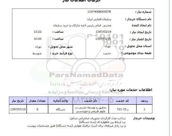 استعلام, استعلام ساخت مدل کارکردی تجهیزات مخابراتی...