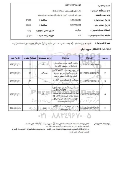 استعلام,استعلام خرید تجهیزات اداری (بخاری - تلفن - صندلی - آبسردکن) اداره کل ...