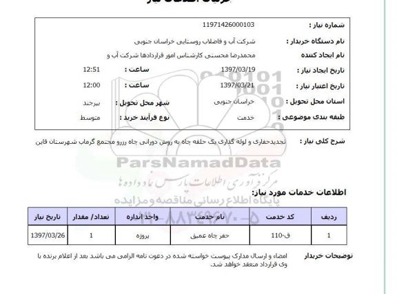 استعلام,استعلام تجدید حفاری و لوله گذاری یک حلقه چاه به روش دورانی