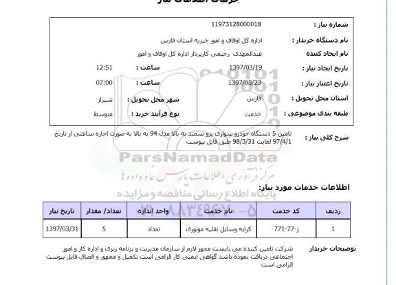استعلام,تامین 5 دستگاه خودرو سواری...