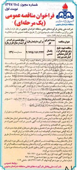 فراخوان مناقصه عمومی, مناقصه مناقصه تهیه، طبخ و توزیع غذای گرم کارکنان عملیاتی