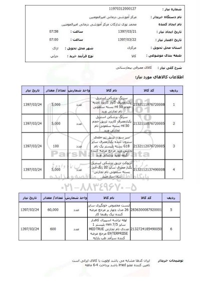 استعلام, کالای مصرفی بیمارستانی 