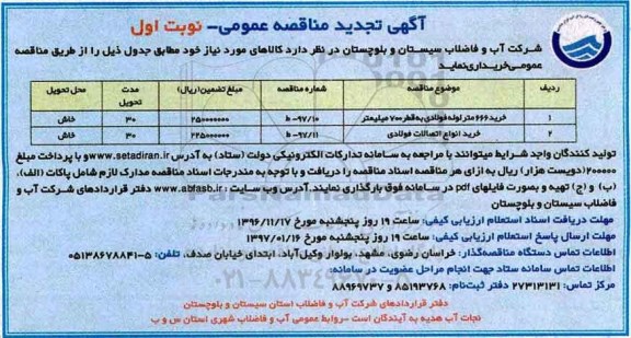 مناقصه تجدید خرید 666 متر لوله فولادی و ...