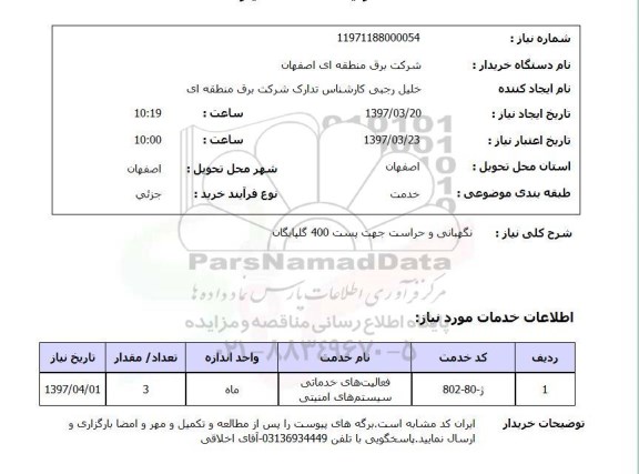 استعلام, نگهبانی و حراست جهت پست 400 ...