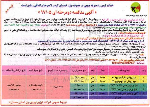 مناقصه , مناقصه سیم روکش دار 20 کیلوولت و انواع کابل 