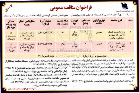 فراخوان مناقصه عمومی، فراخوان پروژه احداث شبکه داخلی گاز شهرک صنعتی 