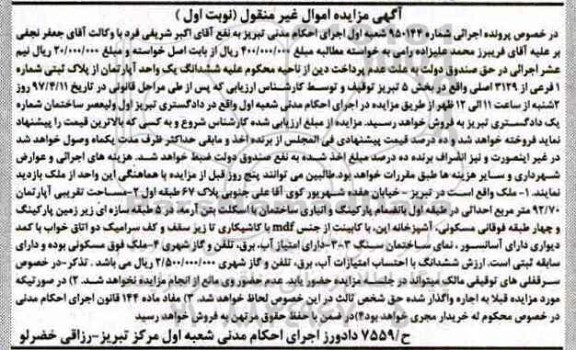 مزایده ,مزایده ششدانگ آپارتمان بخش 5 تبریز نوبت اول