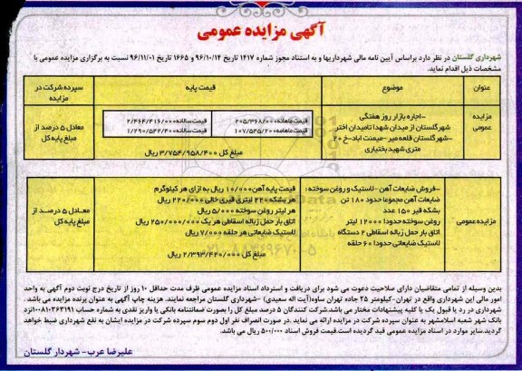 آگهی مزایده عمومی, مزایده اجاره بازار روز هفتگی و ...