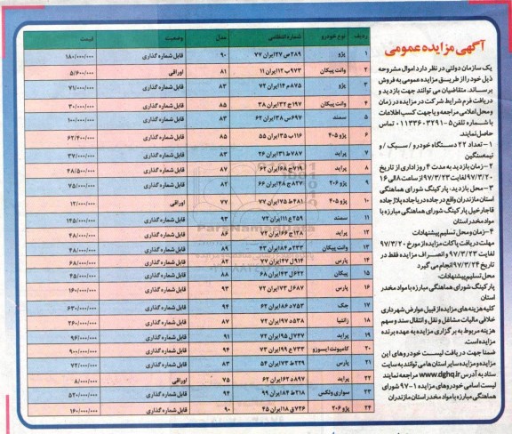 مزایده , مزایده تعداد 22 دستگاه خودرو