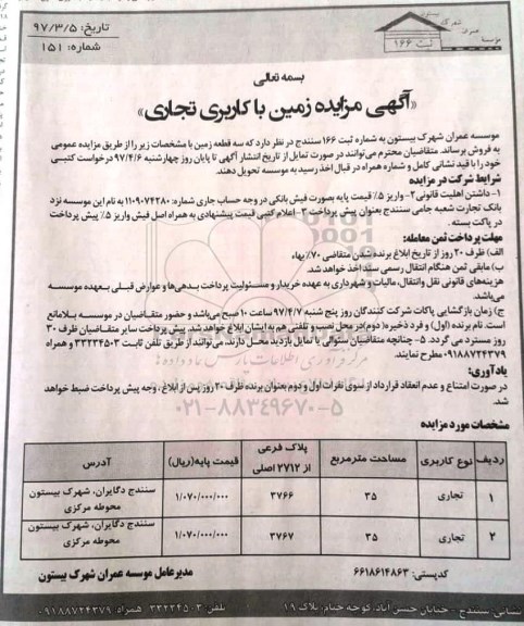 مزایده,مزایده فروش سه قطعه زمین کاربری تجاری