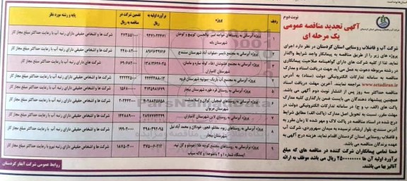 آگهی تجدید مناقصه عمومی, تجدید مناقصه پروژه آبرسانی ...نوبت دوم