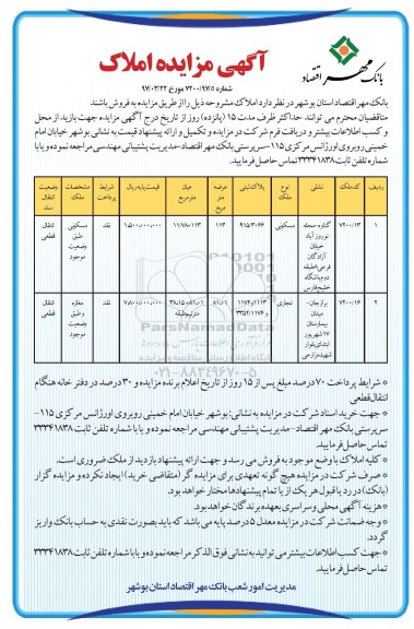 مزایده,مزایده فروش املاک عرصه 113 و 81.01متر