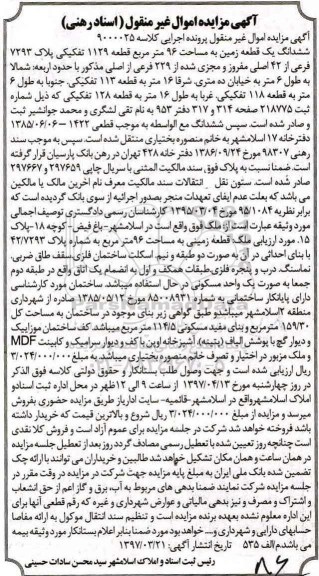 مزایده ,مزایده ششدانگ زمین مساحت 96 متر قطعه 1129 تفکیکی