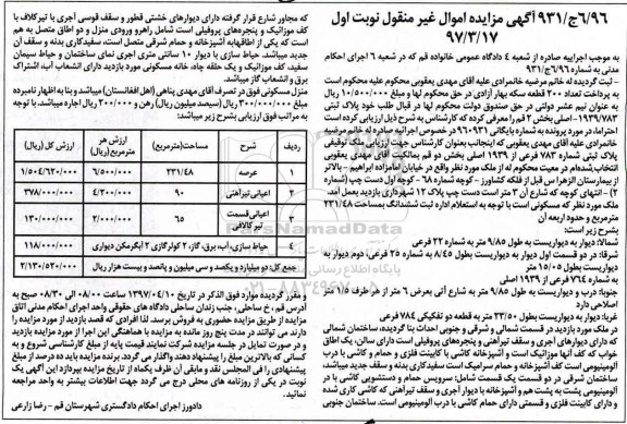 مزایده, مزایده ملک مسکونی مساحت 231.48متر نوبت اول