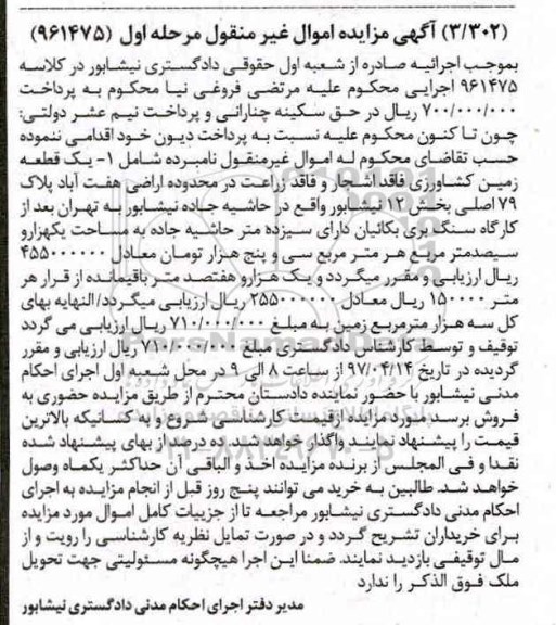مزایده یک قطعه زمین کشاورزی بخش 12 نیشابور