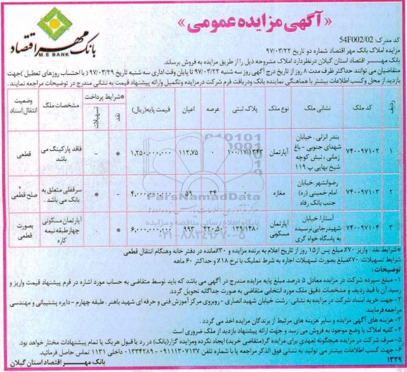 مزایده, مزایده فروش املاک مساحت اعیان 112.75-59-993متر