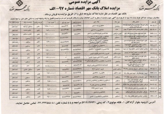 مزایده,مزایده فروش املاک بانک مهر اقتصاد