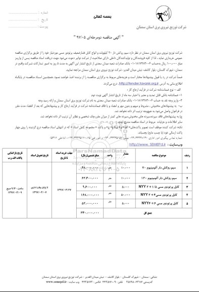 مناقصه , مناقصه سیم روکش دار 20 کیلوولت و انواع کابل 
