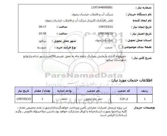 استعلام, استعلام حفر و لوله گذاری و آزمایش پمپاژ یک حلقه چاه...