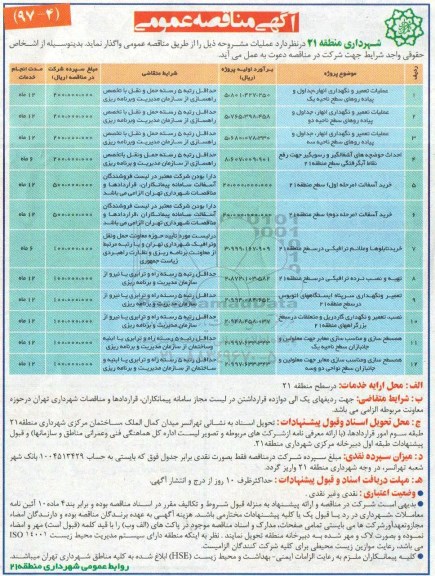 آگهی مناقصه عمومی, مناقصه عملیات تعمیر و نگهداری انهار، جداول و پیاده روها ...