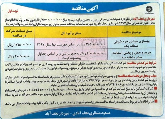 مناقصه, مناقصه بهسازی خیابان، خرید و حمل و پخش آسفالت معابر