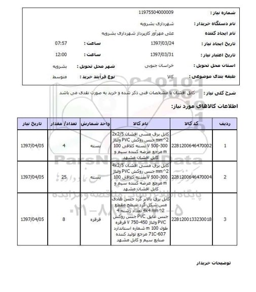 استعلام, استعلام کابل برق ...