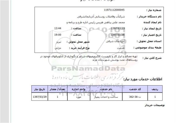 استعلام, تهیه مصالح و ابزار کار و بازوبست شناور و نگهداری از تابلو برق
