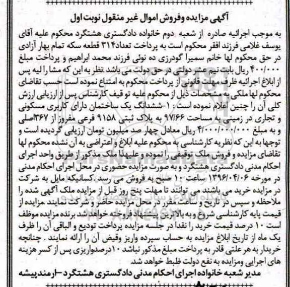 مزایده,مزایده ششدانگ ساختمان مسکونی تجاری در زمینی مساحت 97.66متر 
