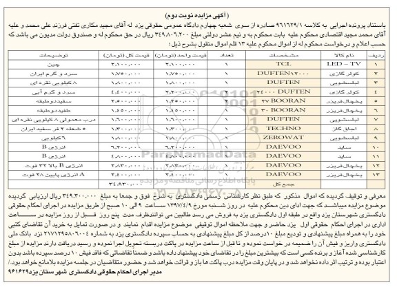 مزایده ، مزایده 13 قلم اموال منقول - نوبت دوم